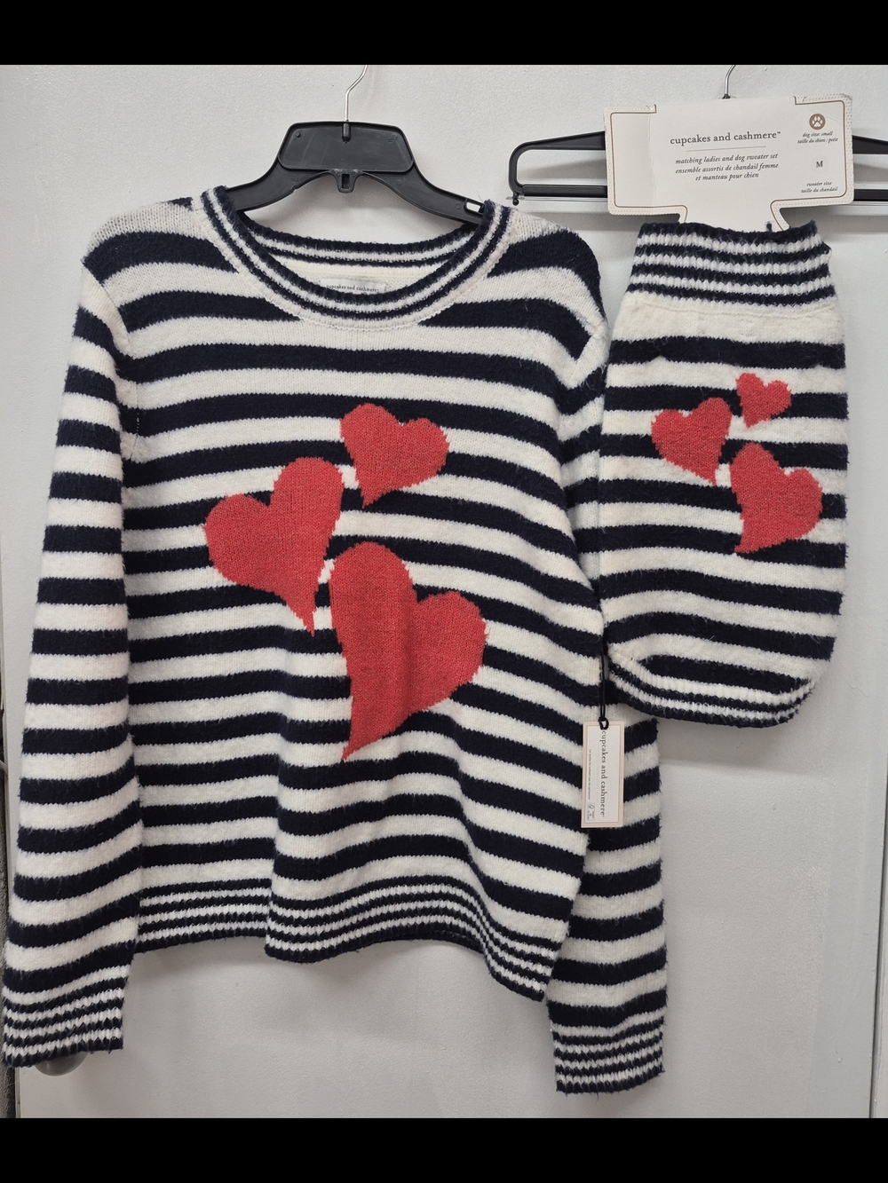 Cupcakes and Cashmere Navy & White Striped Heart Sweater Matching Dog Cat Top